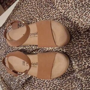 NWOT Papillio Brown Leather "Glenda" Sandals, With Cork Wedges, Size 38 Or 7.5.